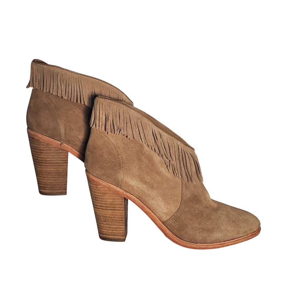 Joie Loren Suede Fringe Ankle Boots Brown Chunky Stacked Heel Western Boho EU 41